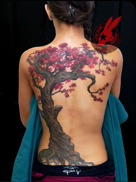 Cherry Tree Tattoos, Tatuaje Trash Polka, Beautiful Back Tattoos, Cherry Blossom Tree Tattoo, Tree Tattoo Back, Realistic Flower Tattoo, Blossom Tree Tattoo, Back Piece Tattoo, Tree Tattoos