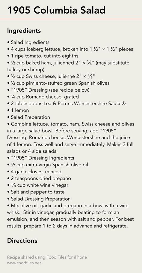 Recipe for 1905 Columbia Salad The Columbia 1905 Salad, 1905 Salad Recipe Columbia 12 Tomatoes, 1905 Columbia Salad, Columbia 1905 Salad Recipe, Columbia Restaurant 1905 Salad, Columbia Restaurant Recipes, 1905 Salad Recipe Columbia, Columbia 1905 Salad, Columbia Salad