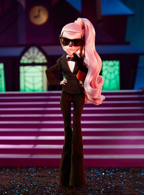 from InStyle.com Zomby Gaga, Lady Gaga Doll, Purple Grey Hair, Black Fishnet Tights, The Fame Monster, Red Plaid Dress, Monster High Art, Monster High Characters, Mattel Dolls