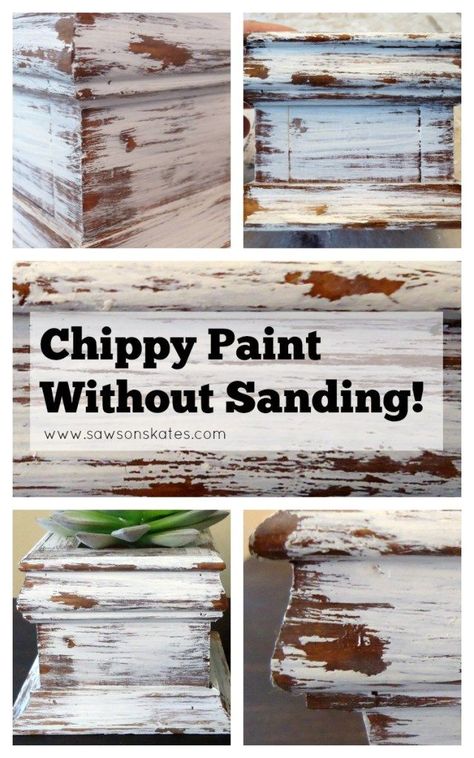 Love chippy paint tutorials and especially love this NO SANDING technique! Definitely using this on my next DIY project! Paint Without Sanding, Chippy Paint Technique, Paint Tutorials, Crackle Painting, Chippy Paint, Hur Man Målar, Distressed Furniture, Distressed Painting, Chalk Paint Furniture