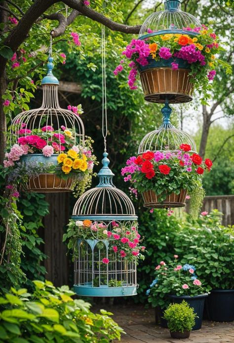 32 Secret Garden Ideas to Create Your Peaceful Retreat 8 Country Garden Plants, Garden Gate Decor Ideas, Birdcage Garden Ideas, Bird Cage Fairy Garden Ideas, Garden Tours Backyards, Backyard Secret Garden Ideas, Vintage Garden Party Ideas, Secret Garden Event, Garden Hanging Decorations