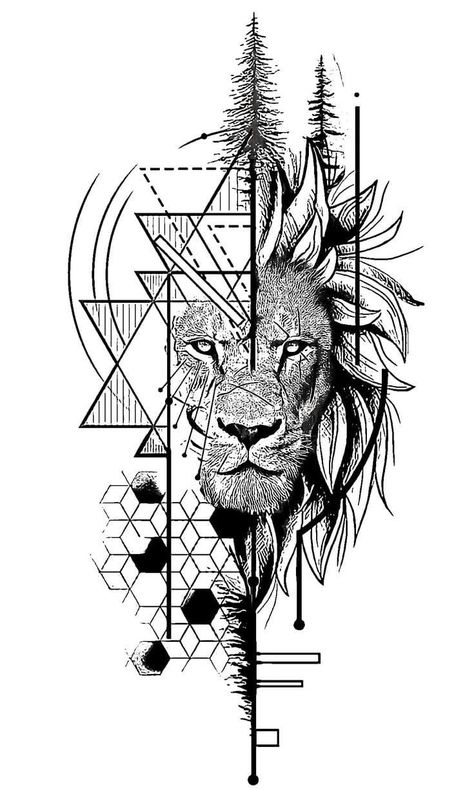 Lion Geometric Design, Geometric Lion Tattoo, Tiger Tattoo Sleeve, Atlas Tattoo, Tattoo Quotes For Men, Geometric Lion, Family Tattoo Designs, Lion Head Tattoos, Desain Buklet