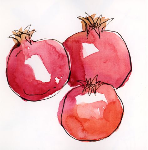 Pomegranate Art, Watercolor Fruit, Watercolour Inspiration, Watercolor Projects, Watercolor Paintings Easy, Fruit Painting, 수채화 그림, Watercolor Ink, Nature Drawing