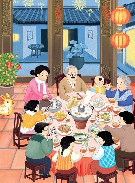 Chinese Spring Festival, Picture Composition, Chinese New Year Design, New Year Illustration, Chinese Festival, Family Drawing, Family Illustration, Happy Chinese New Year, Family Art