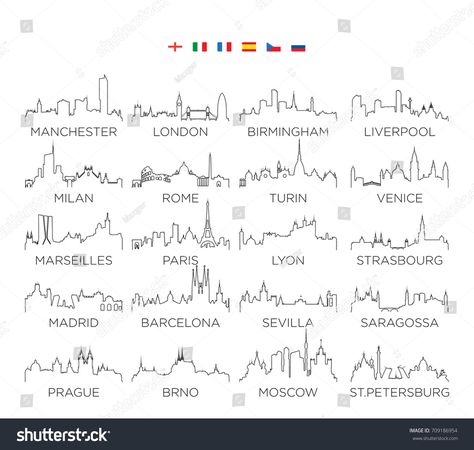 Immagine vettoriale stock 709186954 a tema Europa skyline city line art, vettoriale (royalty free) Line Art Drawings Horizontal, City Skyline Tattoo, City Line Art, Skyline Mural, Skyline Tattoo, Skyline Drawing, City Skyline Silhouette, City Tattoo, Skyline Silhouette