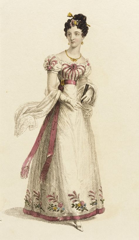 Fashion Plate (Ball Dress) Rudolph Ackermann (England, London, 1764-1834) England, London, June 1, 1825 Prints; engravings Hand-colored engraving on paper Sheet: 11 x 8 1/2 in. (27.94 x 21.59 cm); Composition: 8 5/8 x 5 7/16 in. (21.91 x 13.81 cm) Gift of Charles LeMaire (M.83.161.230) 1820s Fashion, Pink And Red Dress, Regency Gown, Regency Era Fashion, Romantic Period, 1800s Fashion, Regency Dress, Regency Fashion, 19th Century Fashion