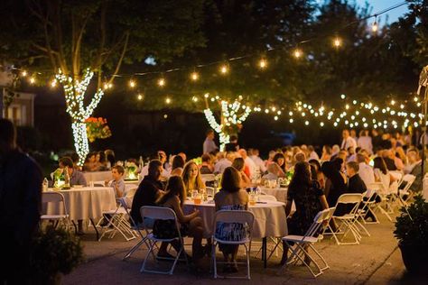 Neighbors even hung lights on the street for Susie's and Miles's block party wedding. Wedding Block Party, Block Party Wedding Reception, Block Party Wedding, Candle Reception, Street Party Ideas, Halloween Block Party, Candles Reception, Summer Block Party, Outdoor Wedding Lighting