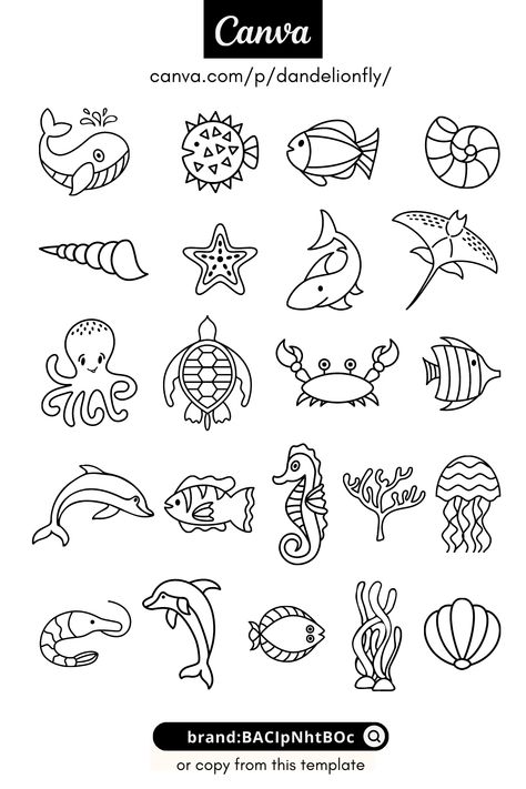 Set of sea or ocean animals icons. Canva elem Sea Turtle Vector Art, Sea Elements Illustration, Ocean Elements Illustration, Marine Animal Doodles, Ocean Animals Doodles, Ocean Animal Doodles, Sea Animal Doodles, Underwater Doodles, Ocean Symbols