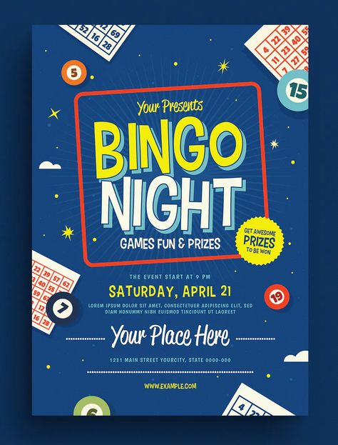 Bingo Night Event Flyer Template AI, PSD - CMYK, 300 DPI Days Of The Week Activities, Event Poster Design Inspiration, Free Bingo Cards, Event Poster Template, Bingo Night, Digital Advertising Design, Bingo Template, Fundraiser Flyer, Social Media Branding Design