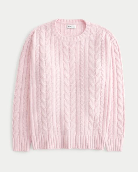 Women's Oversized Cozy Cable-Knit Crew Sweater | Women's Tops | HollisterCo.ca Winter Pink Cable Knit Sweater, Winter Cable Knit Pink Top, Cozy Pink Cable Knit Sweater, Pink Cable Knit Crew Neck Top, Hollister Clothes, Pink Cable Knit Sweater, Hollister Sweater, Corsets And Bustiers, Hollister Tops