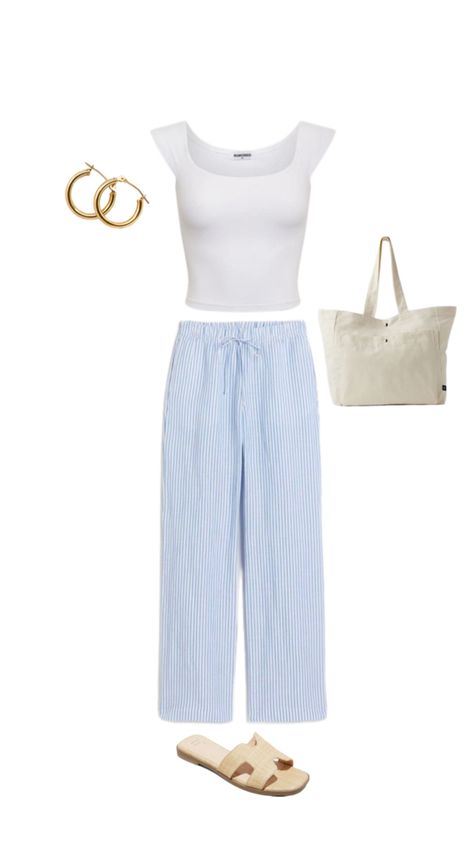 blue linen pants, white shirt, tote bag, hoop earrings Blue Linen Pants Outfit, Blue Linen Pants, Linen Pants Outfit, Stockholm Fashion, Striped Pants, Linen Pants, Pants Outfit, Blue Stripes, Ootd