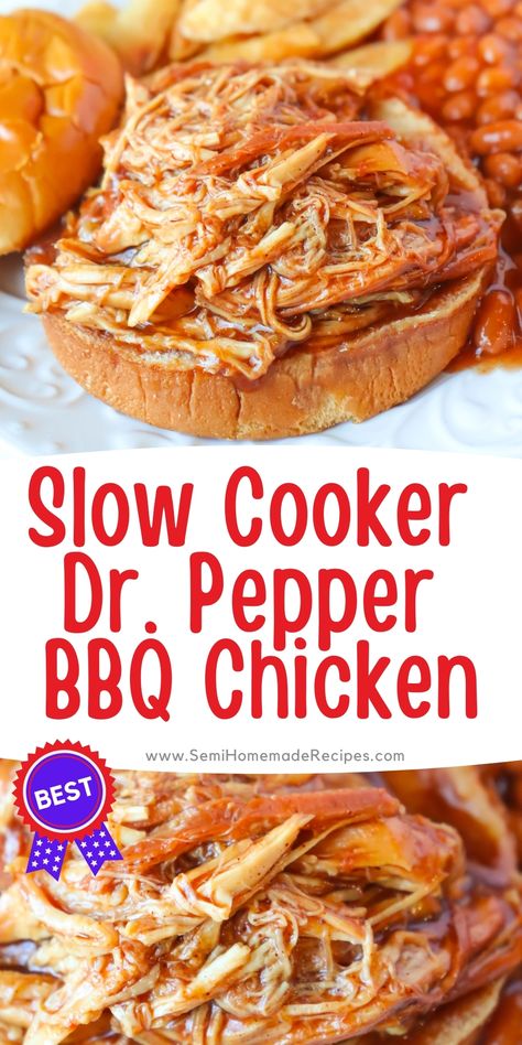 This Slow Cooker Dr. Pepper BBQ Chicken is so easy to make that you'll want to add it to your menu all the time! 3 ingredients and a few hours in the Crockpot is all that stands between you and a delicious meal! This Slow Cooker Dr. Pepper BBQ Chicken is perfect on its own but even better as a BBQ sandwich on a brioche bun! Dr Pepper Bbq Chicken Crockpot, Dr Pepper Crock Pot Chicken, Crockpot Bbq Chicken Recipes Easy, Dr Pepper Pulled Chicken Crock Pot, Bbq Chicken In The Crockpot, Dr Pepper Chicken Crockpot, Bbq Ranch Chicken Crockpot, Chicken Bbq Crockpot, Bbq Chicken Crockpot Easy