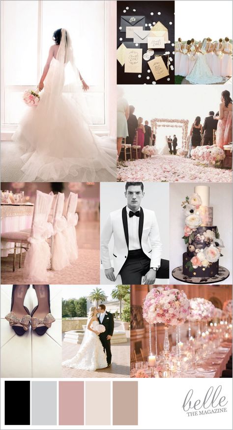 black white and blush glamour wedding Blush Pink And Black Wedding, Light Pink Wedding, Pink Wedding Inspiration, Black White Wedding, Wedding Theme Colors, Wedding Color Palette, Blush And Gold, Glamorous Wedding, Rose Gold Wedding