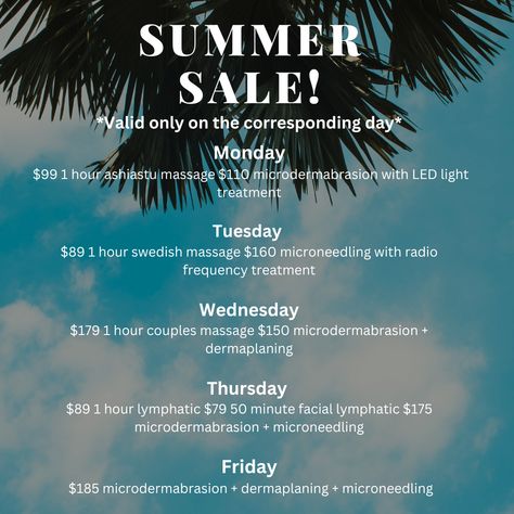 Book our summer weekday specials today! Give us a call at 954-909-9065! #summer #sale #spa #fortlauderdale Spa Specials Ideas, Med Spa Promotion Ideas, Summer Facial Specials, February Med Spa Specials, October Spa Specials, Spa Content, Ideas For Independence Day, Spa Pamphlet, Spa Promo