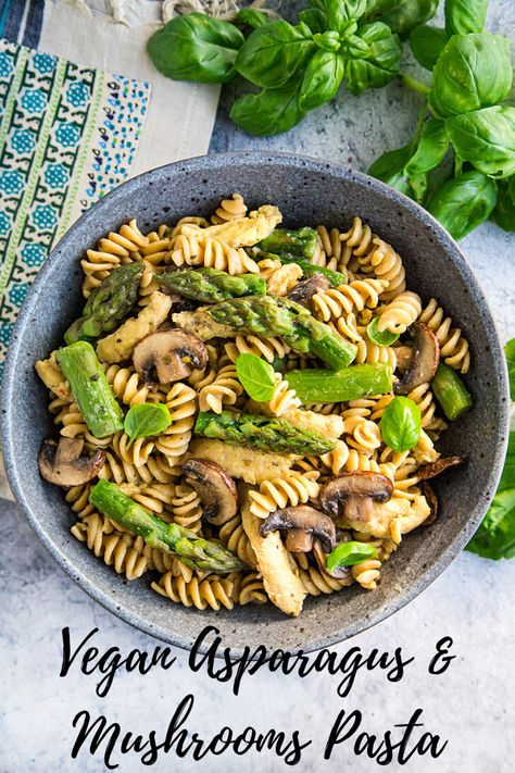 Vegan Asparagus and Mushroom Pasta: Sautéed asparagus, mushrooms, and garlic combine with pasta and a light fat-free sauce in this delicious plant-based meal. Optional soy curls or chickpeas add heartiness, making this a very filling vegan main dish. Vegan Asparagus, Asparagus Mushroom, Asparagus And Mushrooms, Asparagus Pasta, Vegan Main Dishes, Mushroom Pasta, Vegan Kitchen, Vegan Pasta, Asparagus Recipe