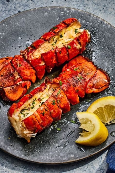 Air Fryer Lobster Tails with Lemon-Garlic Butter Air Fryer Lobster Tail Recipe, Air Fryer Lobster Tails, Air Fryer Lobster, Busy Night Dinner, Fried Lobster Tail, Grilled Lobster Tail, Lemon Garlic Butter Sauce, Foodie Lover, Frozen Lobster