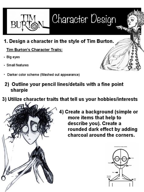 Tim Burton Activities, Tim Burton Character Design, Tim Burton Drawings Style Tutorial, Tim Burton Oc, Tim Burton Sketches, Tim Burton Drawings Style, Spooky Inspiration, Design A Character, Halloween Art Lessons