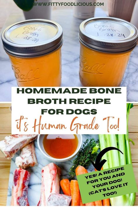 Homemade bone broth recipe for dogs that's human grade too is easy to make with fresh ingredients like beef marrow bones from the butcher, beef knuckle bones, celery, carrots, thyme, fresh parsley, and water. You will also need a crock pot or slow cooker for this simple bone broth recipe for dogs. Chicken Bone Broth Recipe For Dogs, Dog Broth Recipe, Bone Broth For Dogs Recipes Crockpot, Homemade Bone Broth For Dogs, Beef Broth For Dogs, Dog Bone Broth Recipe, Bone Broth For Dogs Recipes, Dinner Recipes Dutch Oven, Disco Recipes