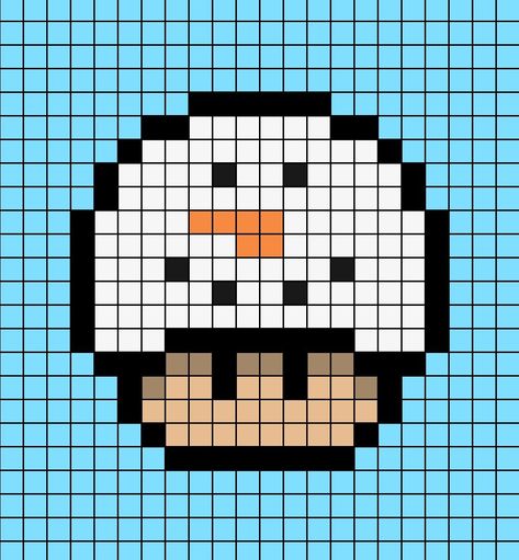 Pixel art template of a Mario mushroom themed as a Snow-man. Pixel Art Ideas Christmas, Pixel Christmas Art, Pixel Art Mushroom, Mushroom Pixel Art, Pixel Art Halloween, Mushroom Pixel, Christmas Pixel Art, Pixel Art Tutorial, Easy Pixel Art