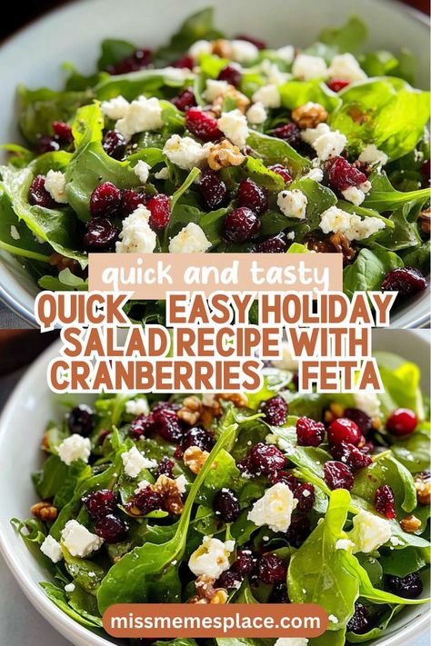 Looking for a quick and easy salad that screams holiday cheer? Try this Festive Mixed Green Salad with Cranberries & Feta! With minimal prep time, this delightful salad features fresh mixed greens, sweet dried cranberries, and crumbly feta cheese, all tossed in a simple homemade dressing. It’s a nutritious crowd-pleaser that complements any festive meal, making it your go-to recipe for holiday parties, potlucks, and family dinners. Bring joy to your table with this healthy, delicious option! Salad With Cranberries And Feta, Easy Green Salad Recipes, Recipe With Cranberries, Salad Recipes Holidays, Mixed Green Salad, Salad With Cranberries, Holiday Salad, Potluck Salad, Easy Potluck