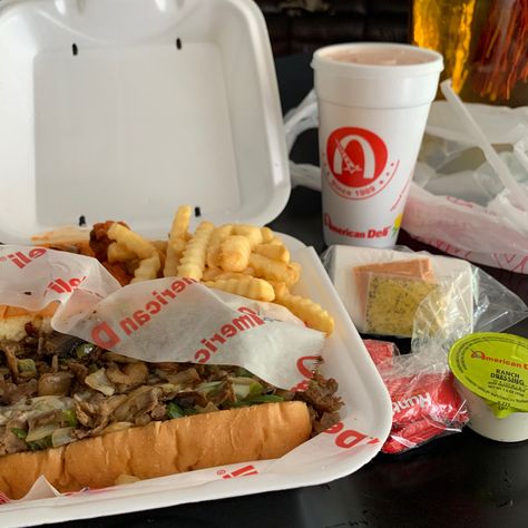 A 5 wing, Philly cheesesteak, and fries combo with a drink from American Deli with the fry seasoning and condiments on the side American Deli, Feed In Braids Hairstyles, Deli Food, Feed In Braid, Braids Hairstyles, Food Cravings, Food Lover, Bridge, Yummy Food