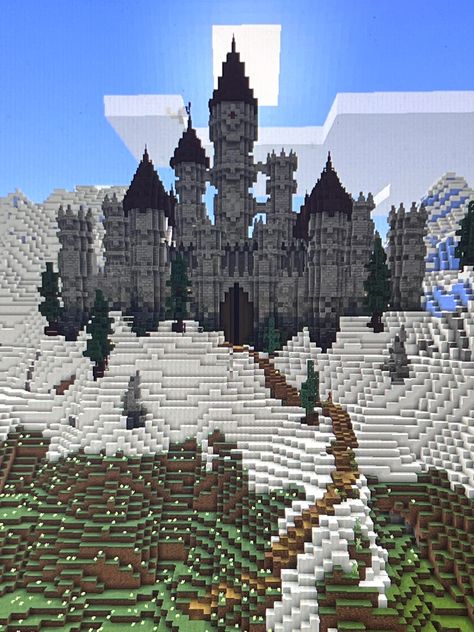 Un château dans la montagne #Minecraftbuilds Source ��➡️ Minecraft In The Mountain House, Minecraft Hilltop Castle, Minecraft Stairs Mountain, Minecraft Castle Bridge, Mountain Castle Minecraft, Minecraft Building Ideas Castles, Megabase Minecraft, Minecraft Mountain House Ideas, Minecraft Megabase