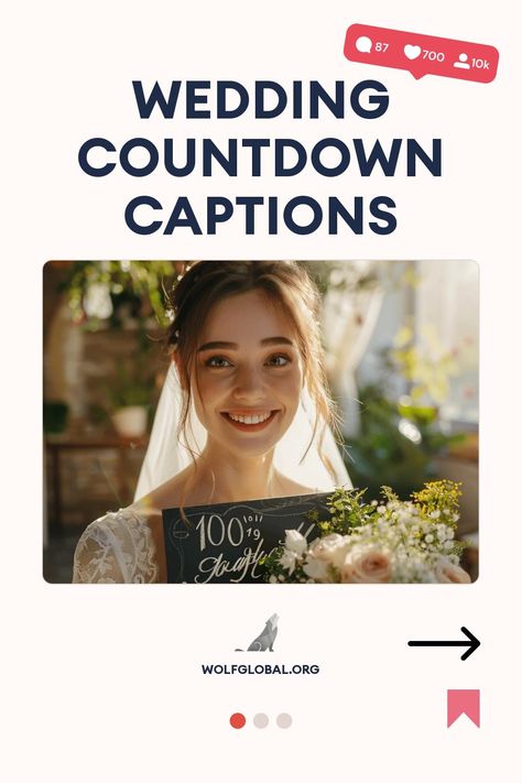 Smiling bride holding a sign with a wedding countdown, surrounded by flowers.
Graphic checklist with playful wedding milestones and a "Get 100+ more" button, by wolfglobal.org.
A woman on a laptop with social media engagement icons, advertising Wolf Global's Instagram pod. 12 Days To Go Wedding Countdown, Wedding Day Countdown Quotes, 100 Days To Go Wedding Countdown, Countdown To Wedding Quotes, 100 Days Until Wedding Quotes, Wedding Count Down Caption, Countdown Captions Wedding, 30 Days To Go Wedding Countdown Quotes, 1 Week Wedding Countdown Quotes