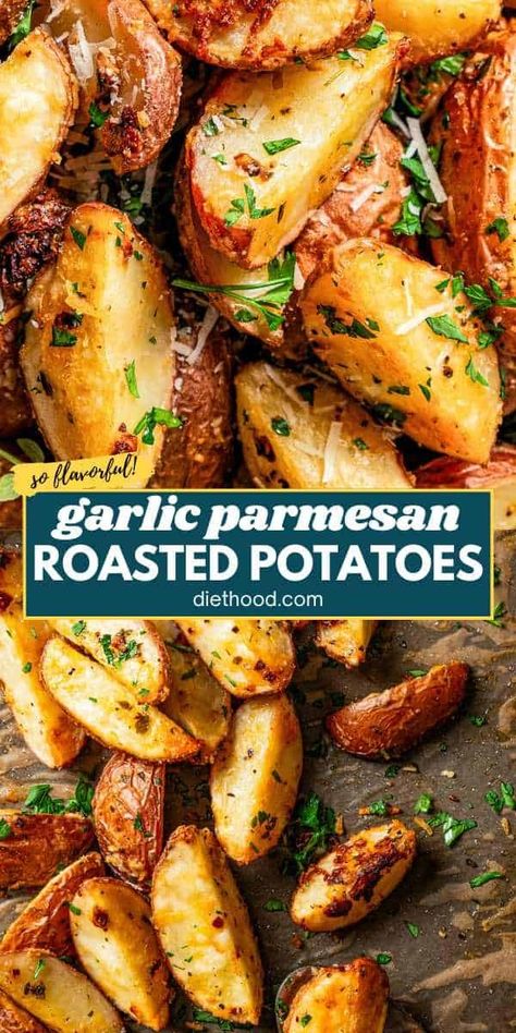 These easy garlic parmesan roasted potatoes are the best potato side dish! Extra crispy, with every bite coated in a savory blend of cheese, garlic, and herbs. Simple, flavorful, and anything but boring. #roasted #potatoes Roasted White Potatoes In Oven, Easy Garlic Potatoes, Bbq Sides Potatoes, Recipe For New Potatoes, Best Roasted Red Potatoes Oven, Roasted Veggie Sides, Roasted Peppers And Potatoes, Easy Fancy Potatoes, Garlic Parm Roasted Potatoes