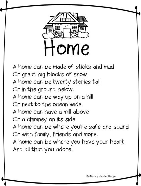 First Grade Wow: Home Sweet Home - "Human Characteristics of Place" Family Poems For Kids, Poems About Home, Poems For Students, Preschool Poems, Simple Poems, Home Poem, Childrens Poems, Poetry For Kids, Kids Poems