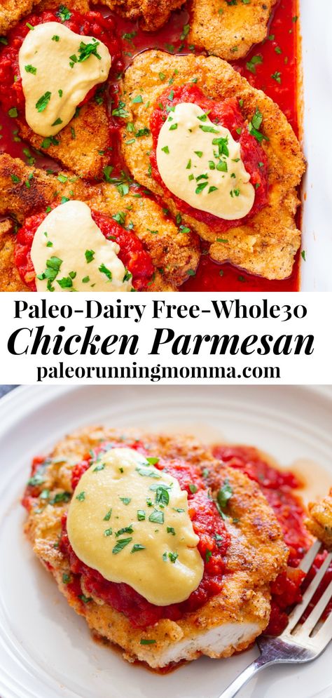 This dairy-free and Paleo Chicken Parmesan has all the flavors of the real deal!  Crisp “breaded” chicken cutlets are layered with marinara and a flavor-packed cashew “cheese” sauce that’s perfect for any special dinner.   Gluten-free, Whole30, no sugar added, dairy-free. #paleo #whole30 #cleaneating Dairy Free Meals, Dairy Free Recipes Dinner, Paleo Dinners, Chicken Keto, Dairy And Gluten Free, Paleo Chicken Recipes, Dairy Free Dinner, Clean Eating Dinner, Parmesan Chicken