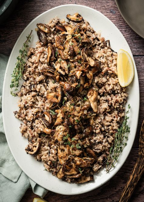 Mushroom Wild Rice with Caramelized Shallot Thyme Butter Recipe Wild Rice Mushroom Pilaf, Wild Rice Recipes Side Dishes, Thyme Rice, Wild Duck Recipes, Rice Recipes Side, Mushroom Wild Rice, Thyme Butter, Wild Mushroom Recipes, Rice Dressing