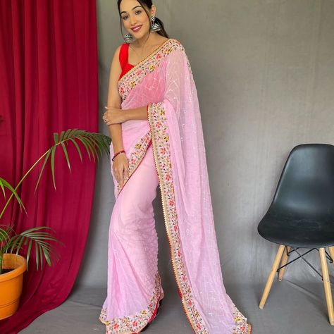 FRESH ARRIVAL❣️ *CATALOG: SEQUECE 4*JAY PURE GEORGATE SAREE WITH ALL OVER 5MTR SEQUENCE WORK WITH BEAUTIFUL BORDER AND CONTRAST BANGLORI SILK BLOUSE WITH ALL.OVER BUTTIS *PRICE :- 950/-* Pink Saree Contrast Blouse, Saree Contrast Blouse, Baby Pink Saree, Saree For Wedding Function, Pure Georgette Sarees, Light Pink Blouses, Sequin Saree, Trendy Sarees, Sequence Work