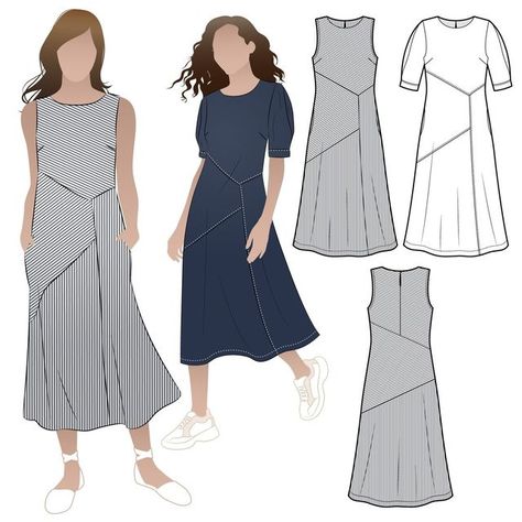 Style Arc, Couture Mode, Panel Dress, Fashion Sewing Pattern, Dress Sewing Pattern, Dress Sewing, Asymmetrical Design, Woven Dress, Elbow Length Sleeve