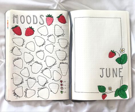 Strawberry // summer // fruit // june // bullet journal // theme // drawing // vintage // bujo // cover // handwriting // mood tracker // art // Bujo Monthly Mood Tracker, June 2024 Bullet Journal, June Mood Tracker Ideas, Strawberry Theme Journal, Bullet Journal Ideas For June, Bullet Journal Summer Ideas, Bujo June Theme, Fruit Mood Tracker, June Bullet Journal Mood Tracker