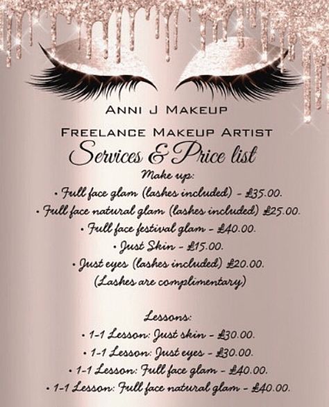 Makeup Pricing List, Makeup Prices List, Makeup Price List Ideas Freelance, Freelance Makeup Artist Price List, Makeup Artist Marketing Ideas, Makeup Services List, Makeup Price List Ideas, Mua Price List, Makeup Artist Price List