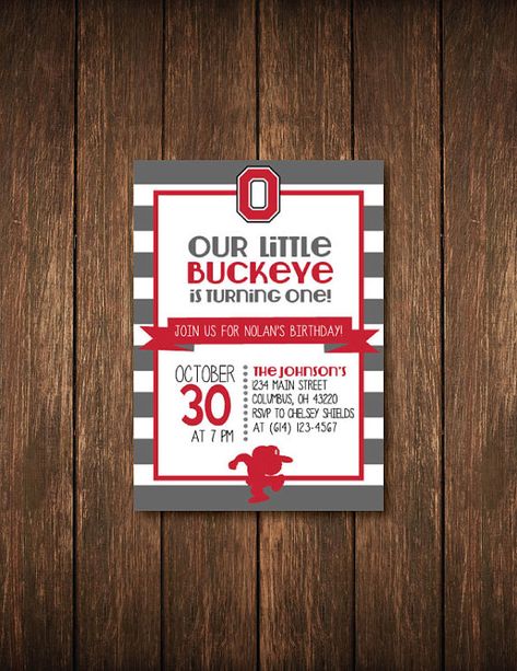 Our Little Buckeye  OSU Birthday Invitation by LillardwithLove Ohio State First Birthday Party, Baby Party, Birthday Theme, Birthday Invitations, 1st Birthday, First Birthdays, Birthday Party, Birthday