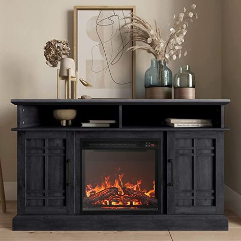 BELLEZE 47" TV Stand with 18" Electric Fireplace, Modern Electric Fireplace TV Stand for TVs up to 50", Entertainment Media Stand with Storage - Norrell (Rustic Grey) Modern Shelf Design, Modern Electric Fireplace, Electric Fireplace Tv, Wood Entertainment Center, Fireplace Entertainment Center, Electric Fireplace Heater, Home Entertainment Centers, Fireplace Entertainment, Electric Fireplace Tv Stand