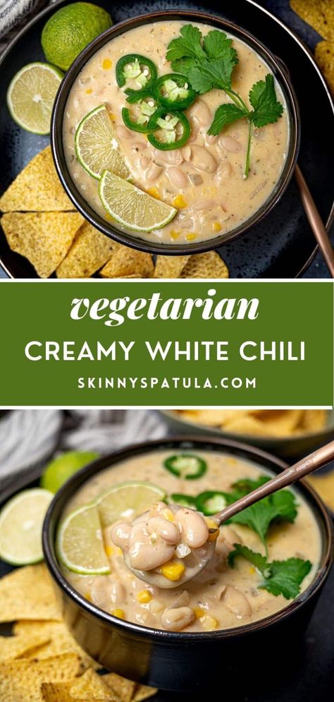 Vegetarian Chicken Chili, Mexican White Bean Chili, Vegetarian White Bean Chili Recipe, Vegetarian White Enchiladas, White Bean Chili No Meat, White Chili Vegetarian Crock Pot, Veggie White Chili, Meatless White Chili, Vegetarian White Bean Chili Crockpot