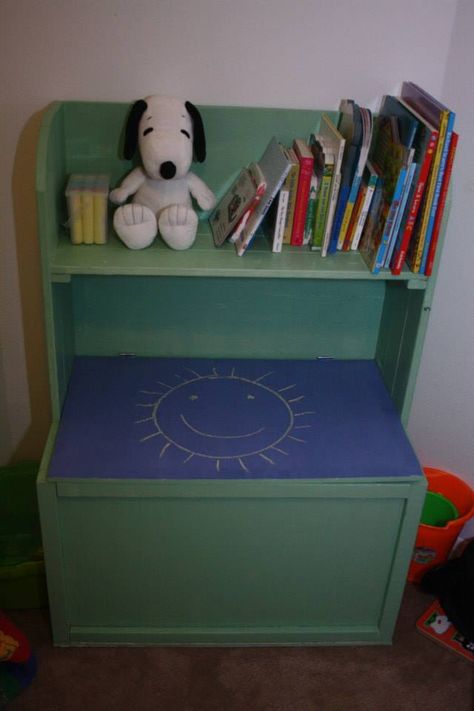 Diy Toy Box With Book Shelf, Toy Box With Book Shelf, Toy Box With Shelf, Painted Toy Boxes, White Toy Box, Ladder Shelf Diy, Wood Toy Box, Toy Storage Units, Chests Diy