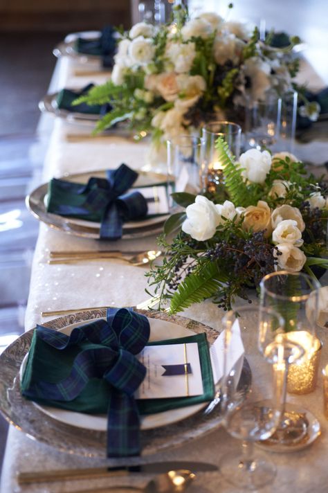 Photography: Charlotte Jenks Lewis Photography   charlottejenkslewis.com   View more: http://stylemepretty.com/vault/gallery/17450 Scottish Christmas Table Decorations, Tartan Wedding Table Decorations, Tartan Plaid Tablescape, Blackwatch Tartan Wedding, Tartan Plaid Christmas Wedding, Tartan Party Decorations, Tartan Wedding Decorations, Scottish Table Setting, Scottish Tablescape