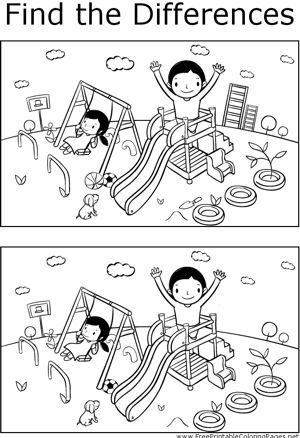 There are several differences that can be found between the two pictures of children playing on a playground in this printable coloring page for children. Find The Difference Pictures, Playground Activities, Fun Worksheets For Kids, Find The Difference, Mazes For Kids, Kindergarden Activities, Spot The Difference, English Worksheets For Kids, Kids English