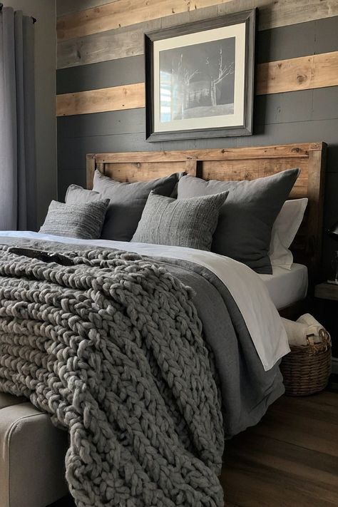 Grey And Dark Wood Bedroom, Dark Gray Bedroom Aesthetic, Grey Bedroom With Brown Furniture, Gray Bedding Aesthetic, Wood Inspired Bedroom, Grey Bedspread Room Ideas, Gray Bedspread Room Ideas, Gray Comforter Bedroom Ideas, Dark Grey Bedding Ideas