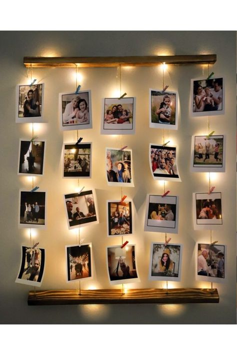 Fairy Lights Photos, Photo Display Board, Photo Hanger, Wall Decor Trends, Memorial Wall, Polaroid Wall, Memory Frame, Polaroid Frame, Dekor Diy