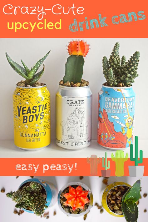 Beer Can Planters Diy, Beer Can Flower Vase, Drinks Can Crafts, Cans As Planters, Upcycled Beer Cans, Reuse Soda Cans, Old Cans Ideas Diy, Soda Can Flower Pot, Old Beer Cans Ideas