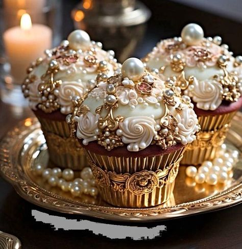 ♔ Petits Gâteaux Créés par IA Fairytale Food, Fancy Cupcakes, Fantasy Cake, Glitter Cupcakes, Luxurious Life, Pastry Art, Fancy Desserts, Cupcake Liners, Fancy Cakes