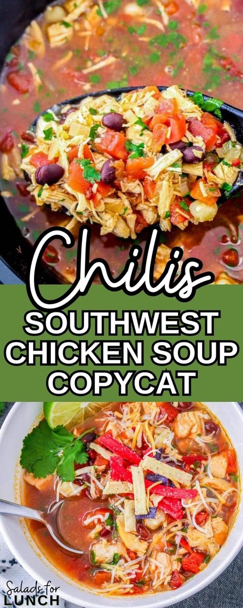 Southwest Chicken Soup Chili's, Southwest Soup Chicken, Southwest Chicken Soup Crockpot, Southwest Chicken Soup Recipes, Southwest Soup Recipe, Chilis Southwest Chicken Soup, Crockpot Southwest Chicken, Chicken Bean Soup, Spicy Chicken Noodle Soup