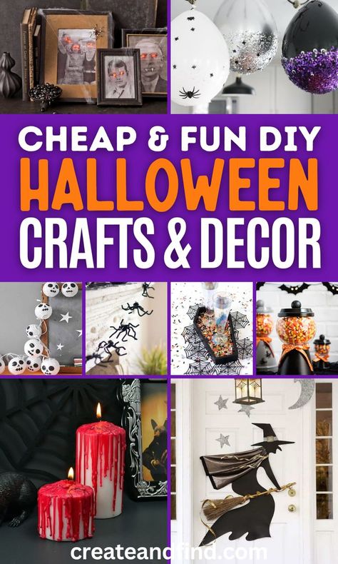 Collage of DIY Halloween decoration ideas and crafts for adults. Spooky Front Porch Decor, Spooky Front Porch, Halloween Craft Templates, Halloween Yard Decorations Diy, Halloween Signs Diy, Cheap Halloween Diy, Diy Halloween Crafts, Halloween Decoration Ideas, Halloween Crafts For Toddlers