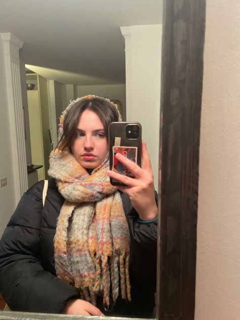 puffer jacket, colorful scarf, balaclava, winter fashion, selfie, mirror selfie, fashion inspiration Jacket With Scarf Outfit, Jacket And Scarf Outfit, Jacket Scarf Outfit, 2023 Winter Jacket Trends, Balaclava Scarf Outfit, Styling Puffer Jacket, Scarf Selfie, Scarf To Balaclava, Scarf With Puffer Jacket