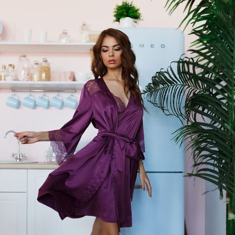 Women's short purple silk kimono robe with lace Pure silk | Etsy Bride Kimono, Short Kimono Robe, Silk Dressing Gown, Lavender Silk, Silk Chemise, Silk Nightgown, Bridal Party Robes, Silk Kimono Robe, Satin Kimono