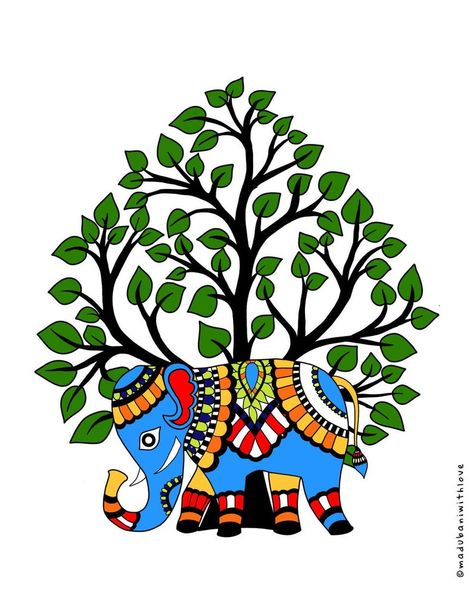 Madhubani Digital Art, Madhubani Art Simple, Madhubani Illustration, Mithila Painting Indian Folk Art, Simple Madhubani Paintings, Simple Madhubani Designs, Madhubani Coasters, Madhubani Elephant, Madhubani Paintings Peacock